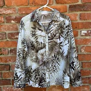 Chico’s Tropical Palm Print Button-Up Blouse Neutral Tones 3/XL Collared